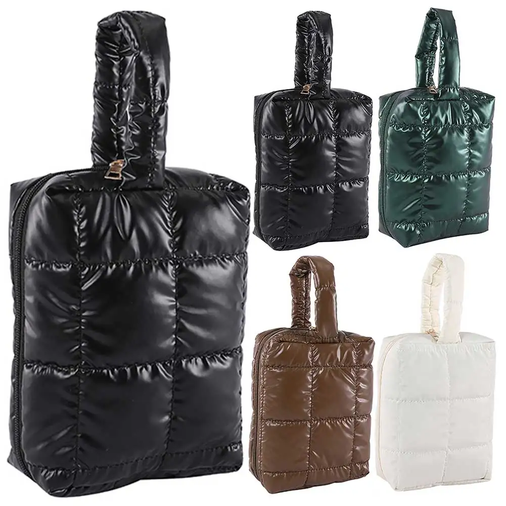 Women Quilted Makeup Bag Cosmetic Holder Bag Large Capacity Puffer Storage Bag with Handle Solid Color for Outdoor Travel