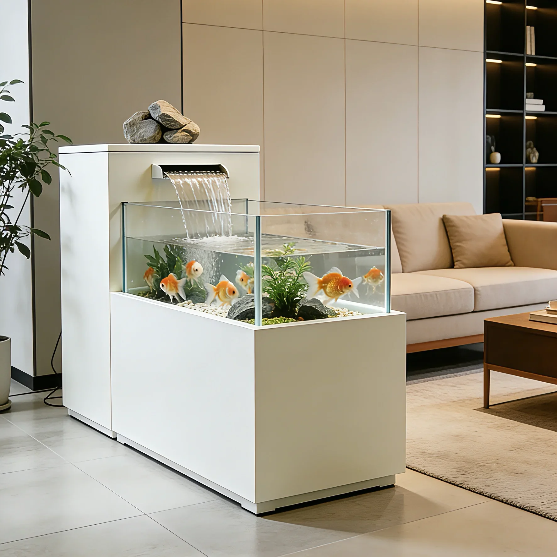 Ultra-white glass fish tank entrance, floor-to-ceiling running water self-circulation landscaping integrated ecological tank