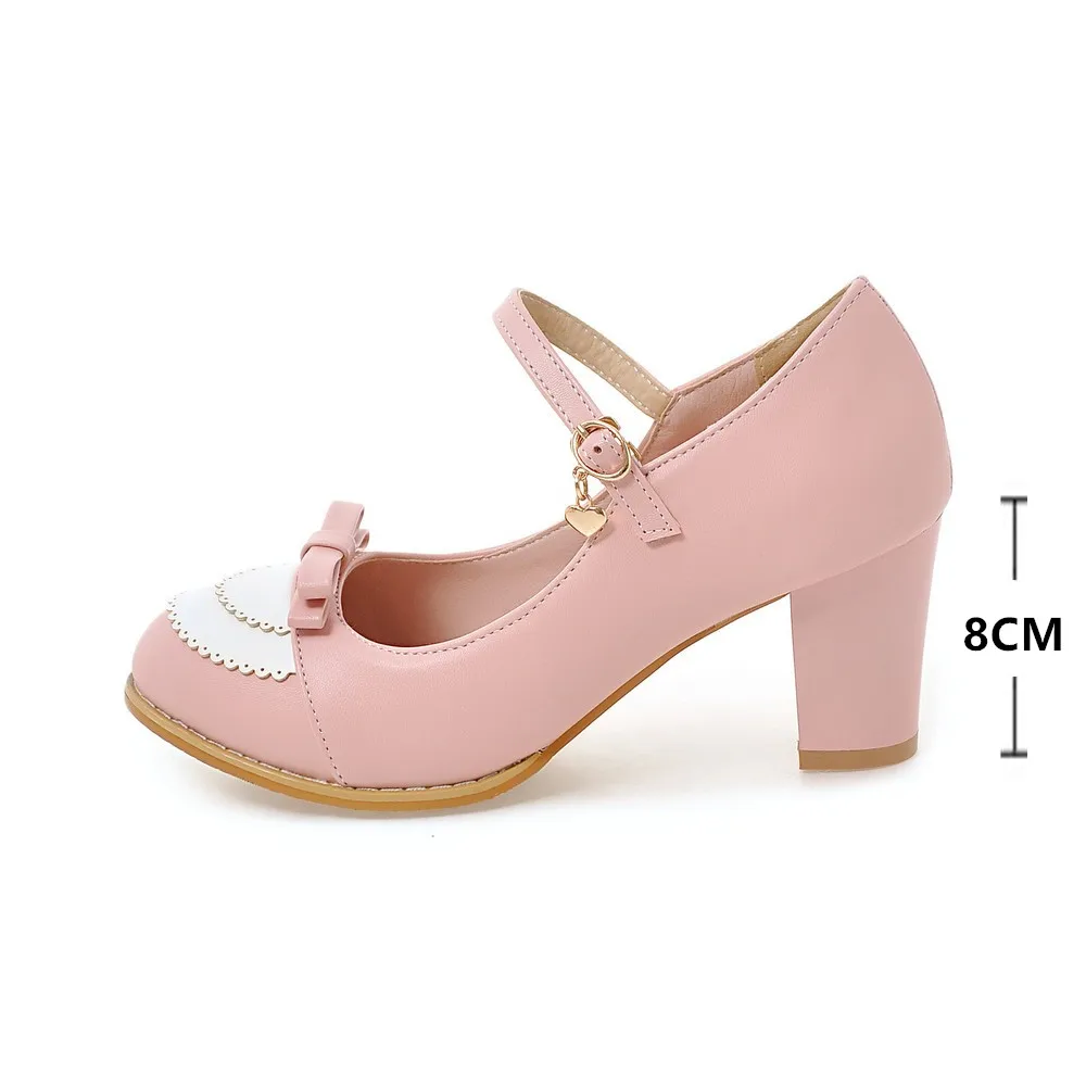 Mary Jane Shoes Women High Heels Pumps Bow Shoes Thick High Heel Casual Ladies Pumps Pink chaussures Femme Lolita Shoes 32-43