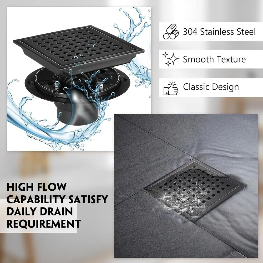 Ralo de Chuveiro Quadrado Preto Fosco de 6 Polegadas com Grelha Removível, Aço Inoxidável 304