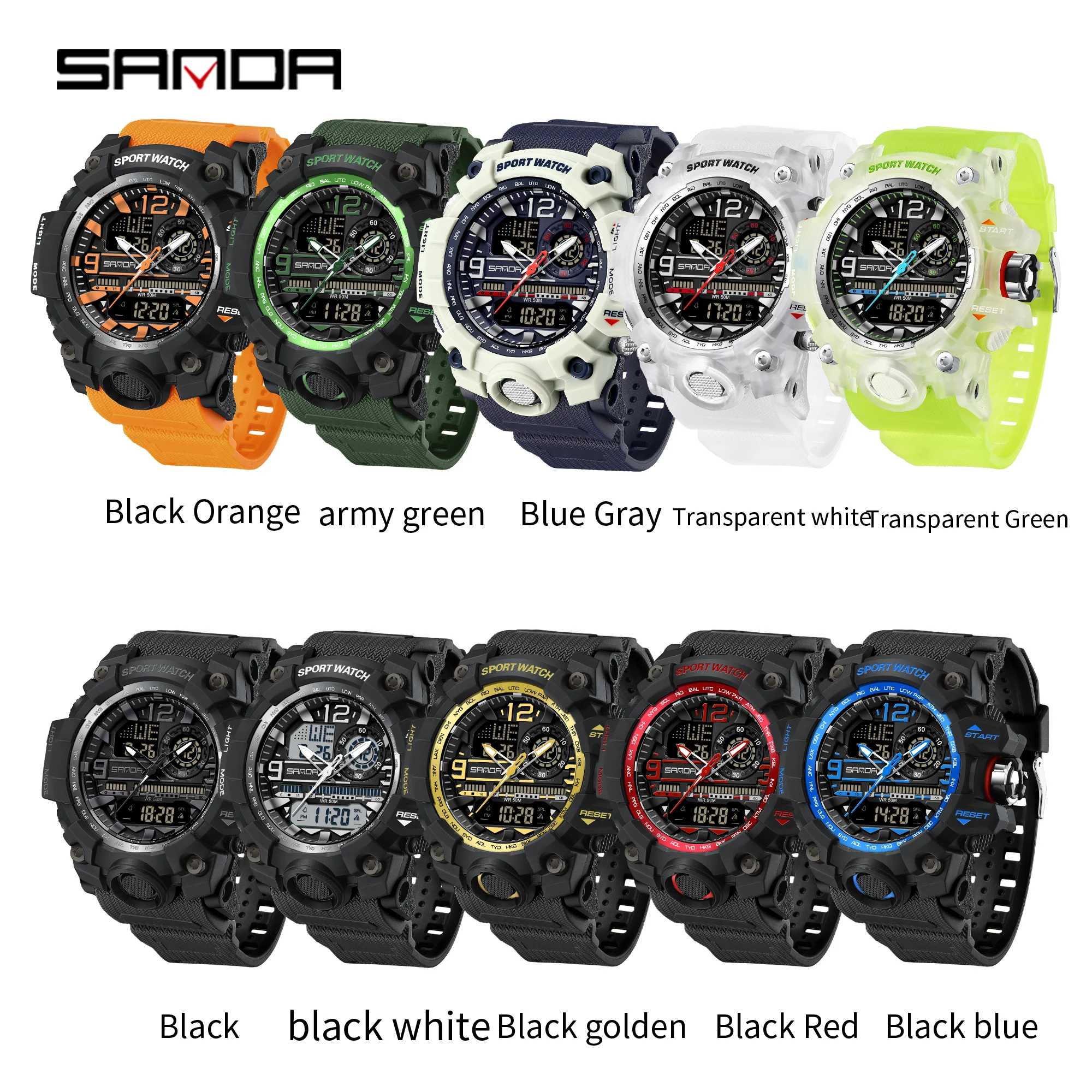 SANDA G Style Men\'s Military Outdoors Sports Watch LED Digital Quartz Dual Display Watch Proof Waterproof Luminous Men\'s Watch