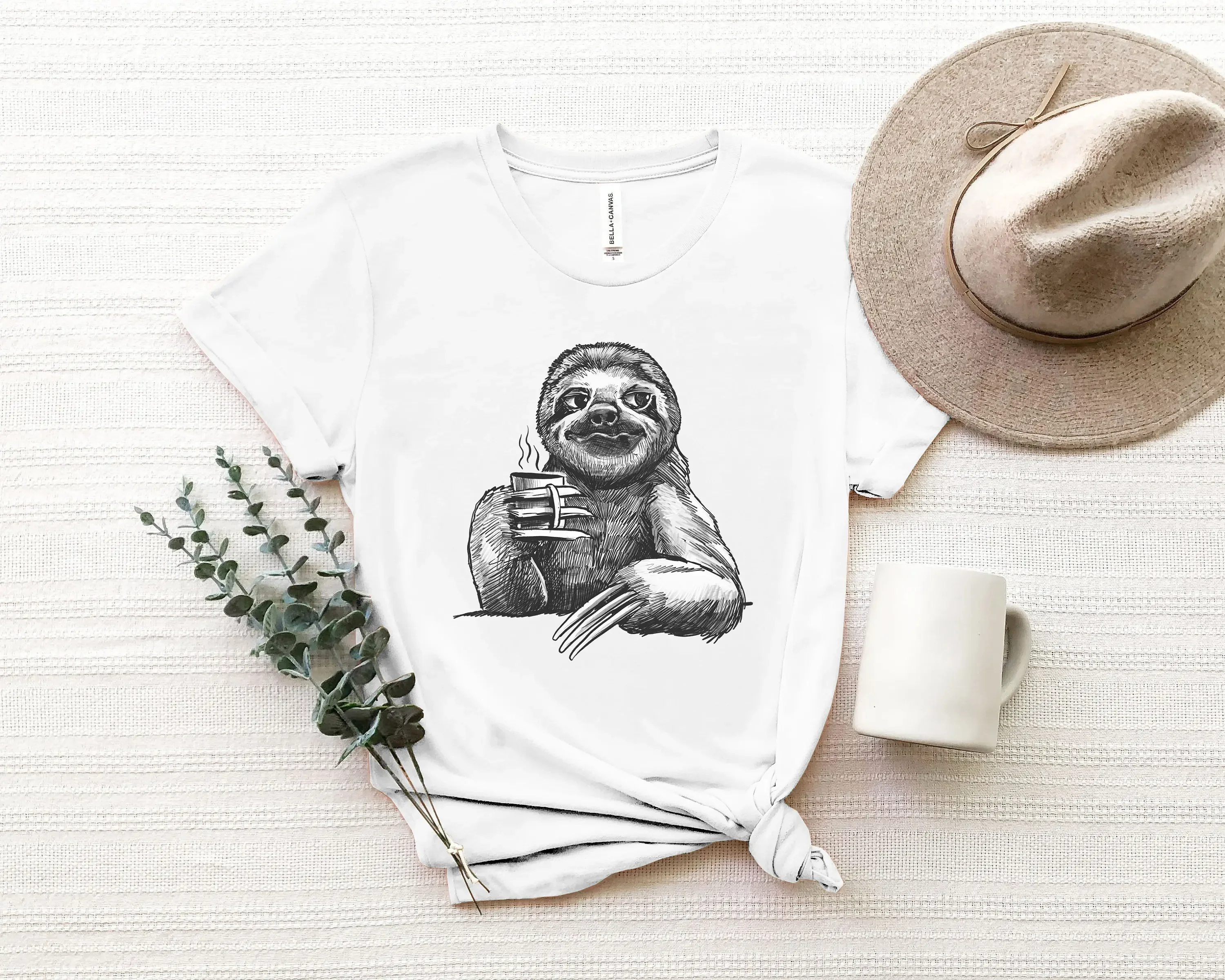 Funny Sloth T Shirt Coffeet Drinking Coffee Cute For Lover Pencil Drawing Print