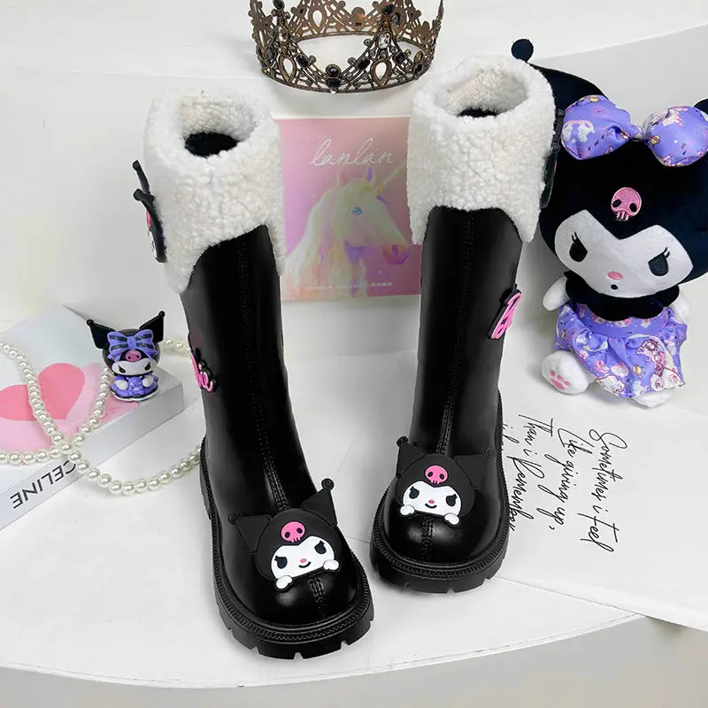 Kawaii Sanrios Kuromi Kids Girl Long Boots Autumn Winter Anime Martin Boots Soft Sole Plus Princess Fleece High Boots Knee Shoes