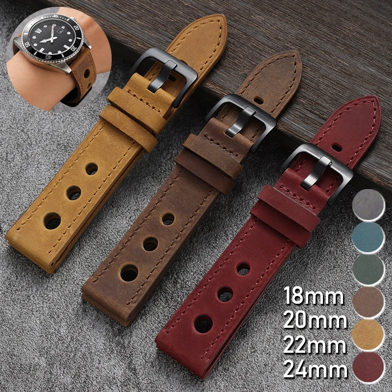 18mm 20mm 22mm 24mm Vintage Crazy Horse Cowhide Watch Strap Porous Breathable Genuine Leather Band for Omega for Seiko Bracelet