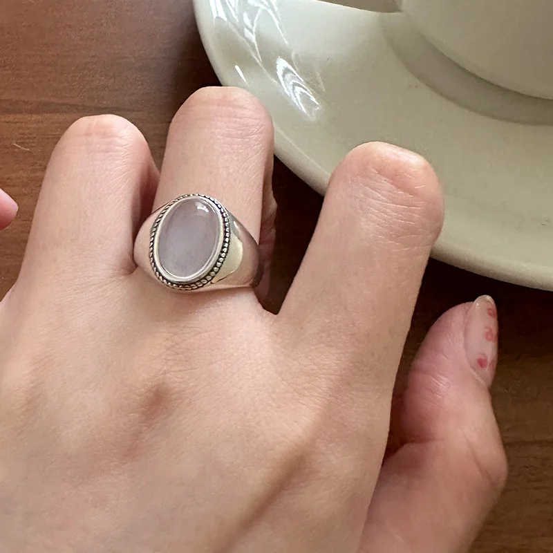 

CHOZON 925 Solid Silver Oval Chalcedony Ring Korean Vintage Wholesale Adjustable Jewelry for Women