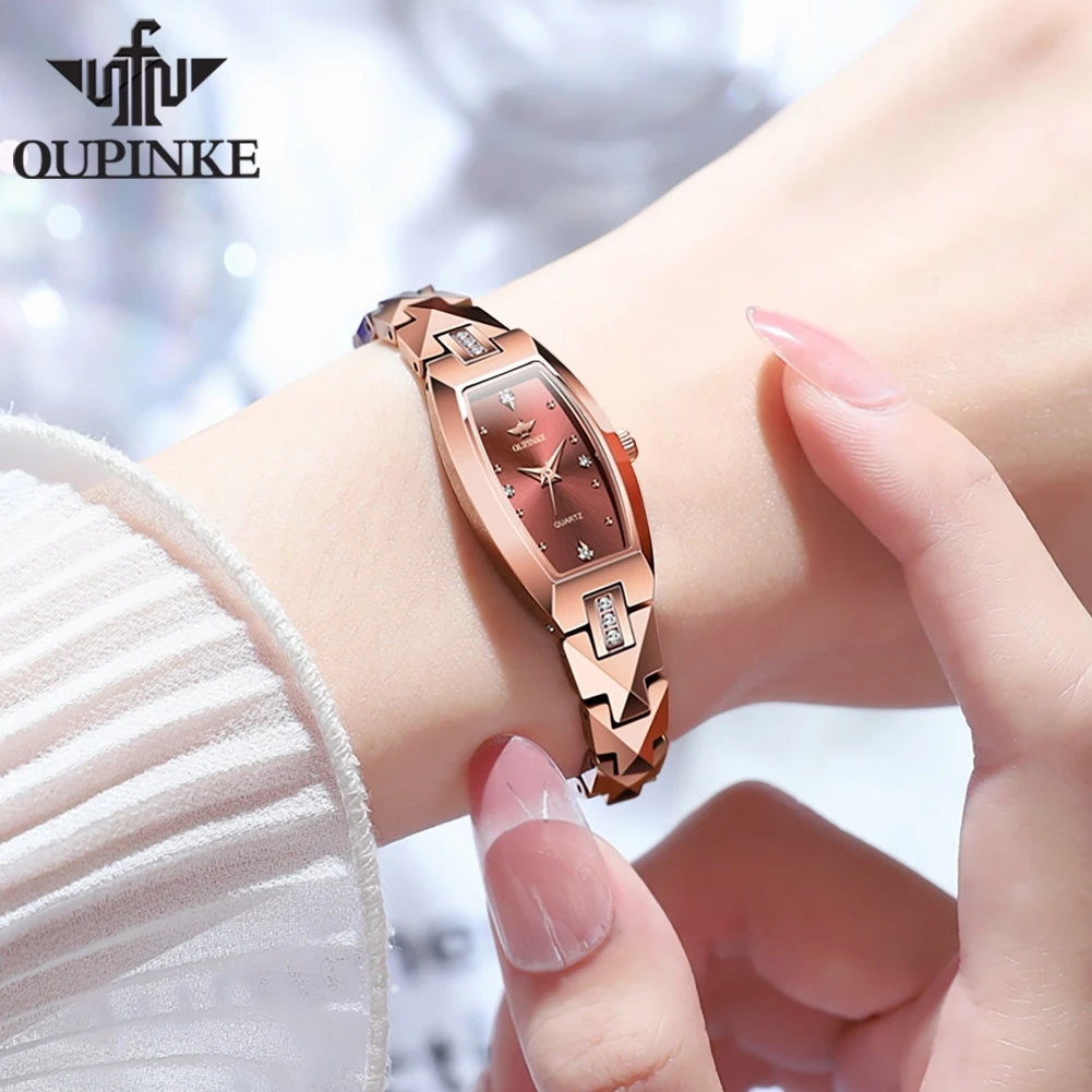 OUPINKE 3242 Luxury Rose Diamond Small Womens Quartz Wrist Watch For Women Tungsten Steel Strap Waterproof Fashion Watch