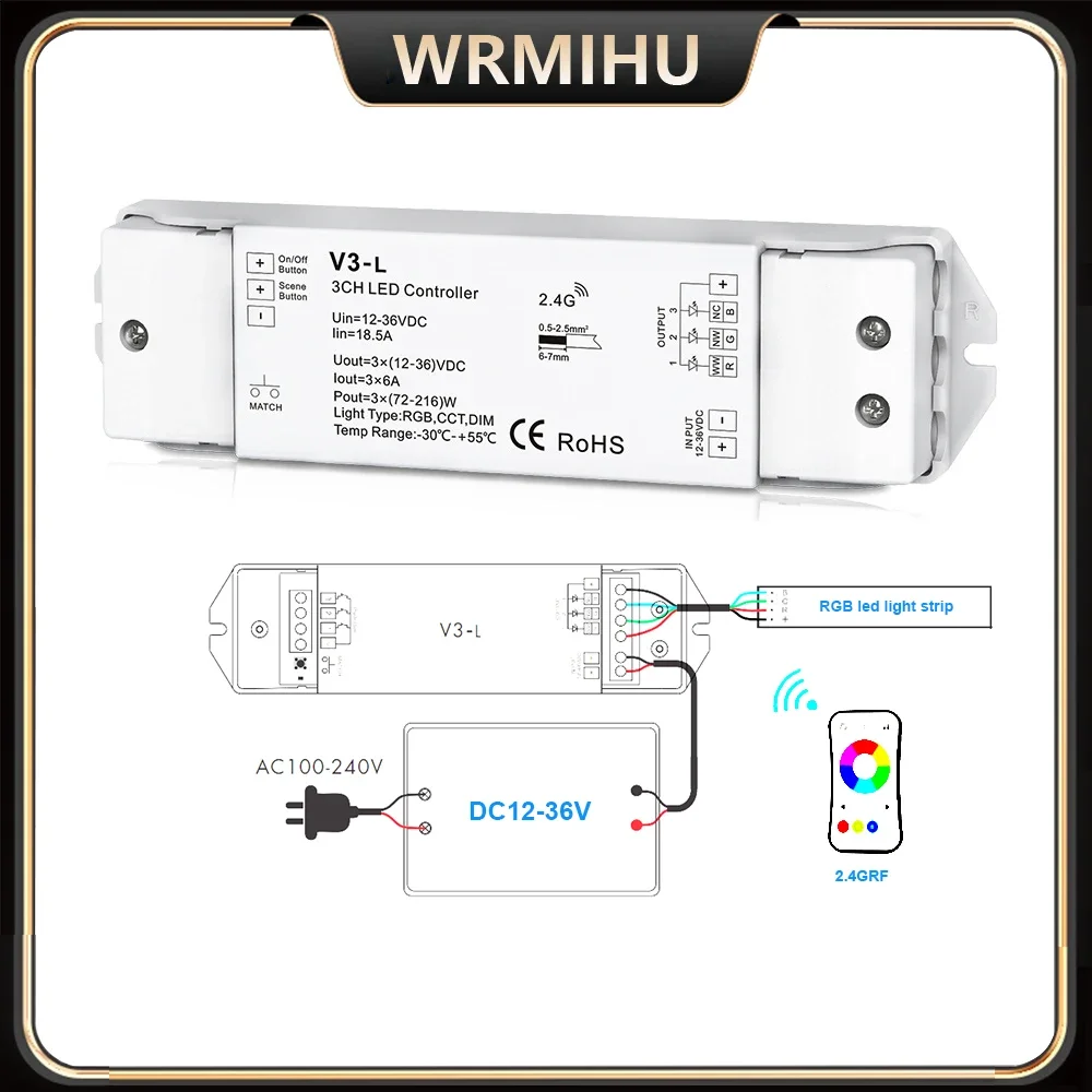 DC12V-36V  0-100% PWM V3-L CCT/Color Temperature/RGB 3in1 Dimmmer Controller 2.4GHz + Push Dim For 5050/2835/3528 LED Strip Tape