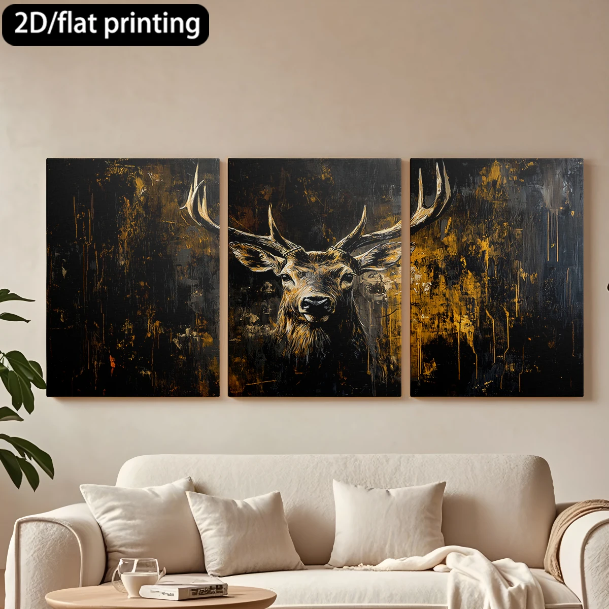 

Декоративная картина на холсте с 2D-печатью, 3-х частная, в деревянной раме, портрет оленя, драматичный фон. Декор для коридора и спальни.