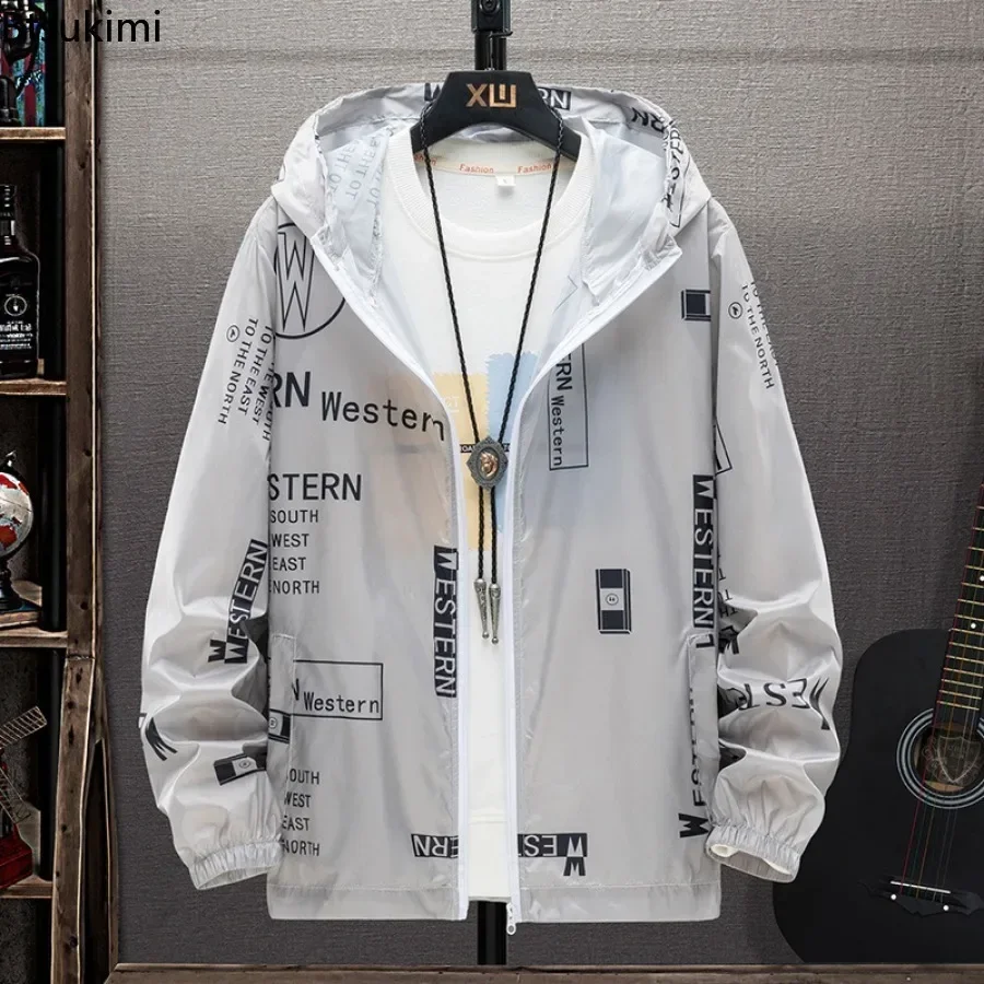 New Men\'s Lightweight Hooded Jacket Anti-UV Breathable Coats Letter Print Sun Protection Fishing Costume for Men Plus Size S-7XL