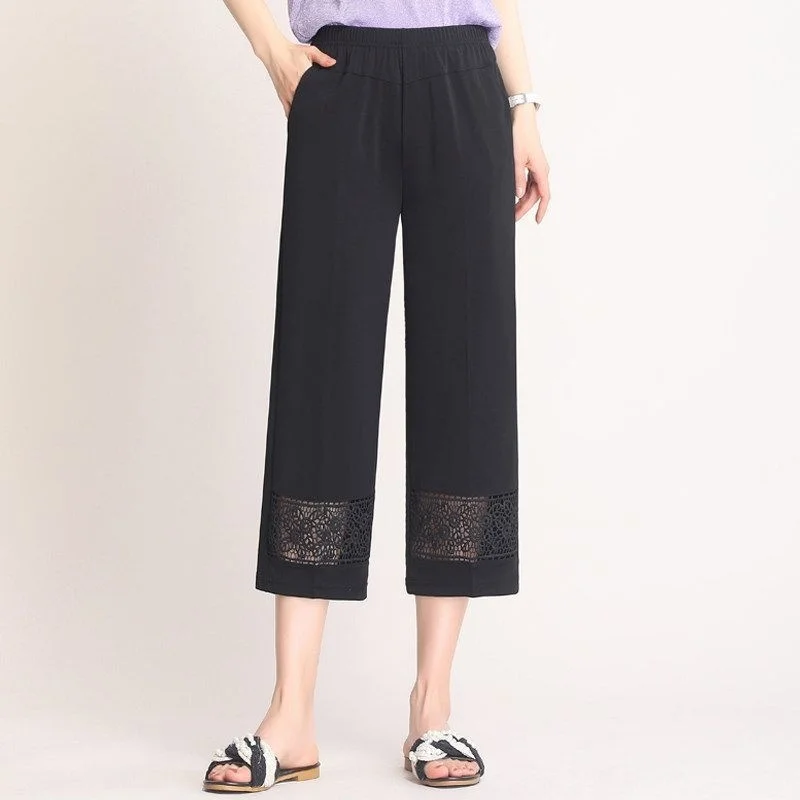 

Summer Women Thin Cropped Pants Casual Elastic High Waist Straight Pants Hollow Out Loose Female Black Capris Pants 5XL