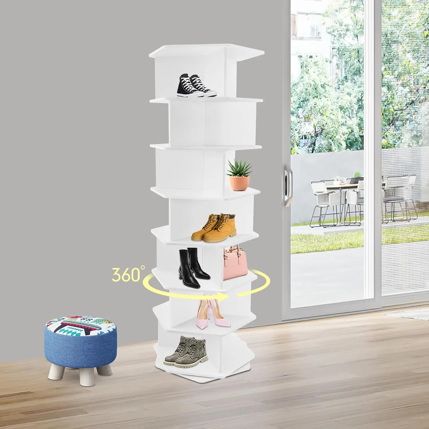 7-Tier 360° Spinning Shoe Rack Tower, Holds 21 Pairs, White Organizer for Entryway & Living Room, Customized