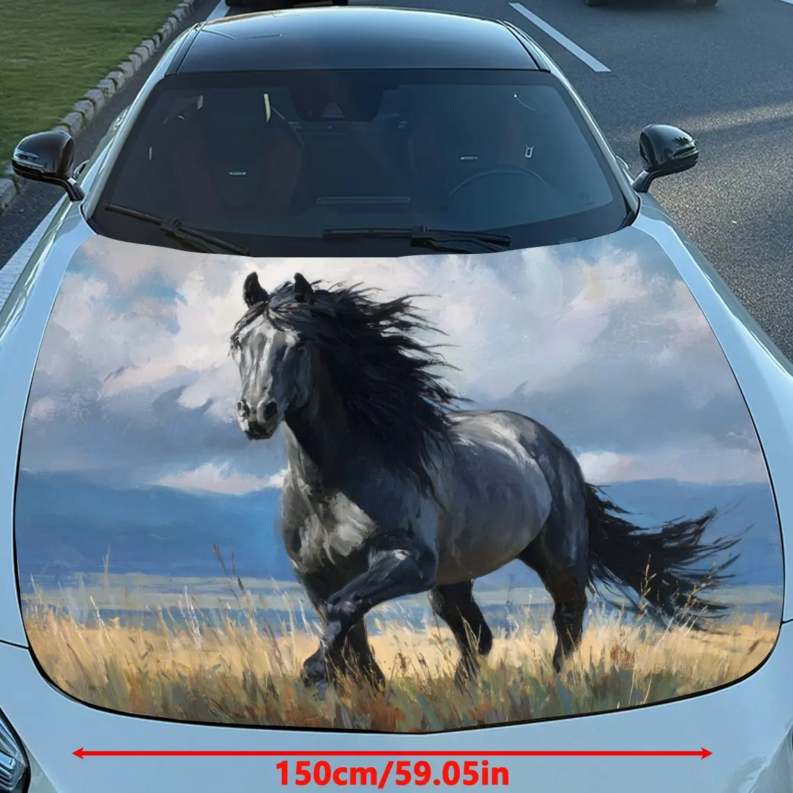 Car Decals Galloping Horse Design, featuring a horse running in a field, exuding a free and spirited aura Car Hood Sticker, Wate