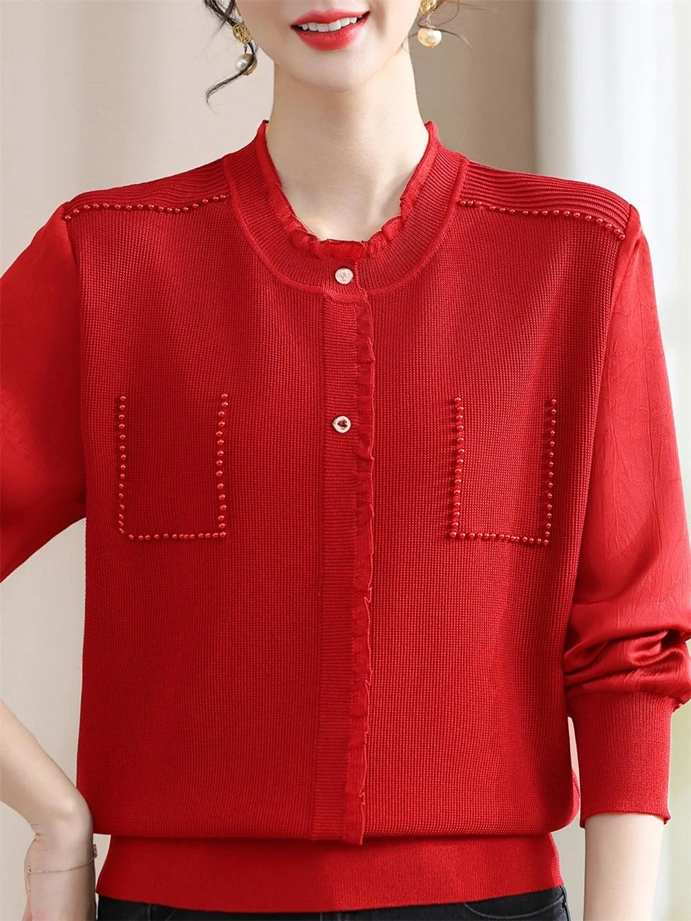 

Spring Fashion Knitted Splice Chiffon Thin Top Overhead Style for Middle-Aged And Elderly Women round Neck Single Piece