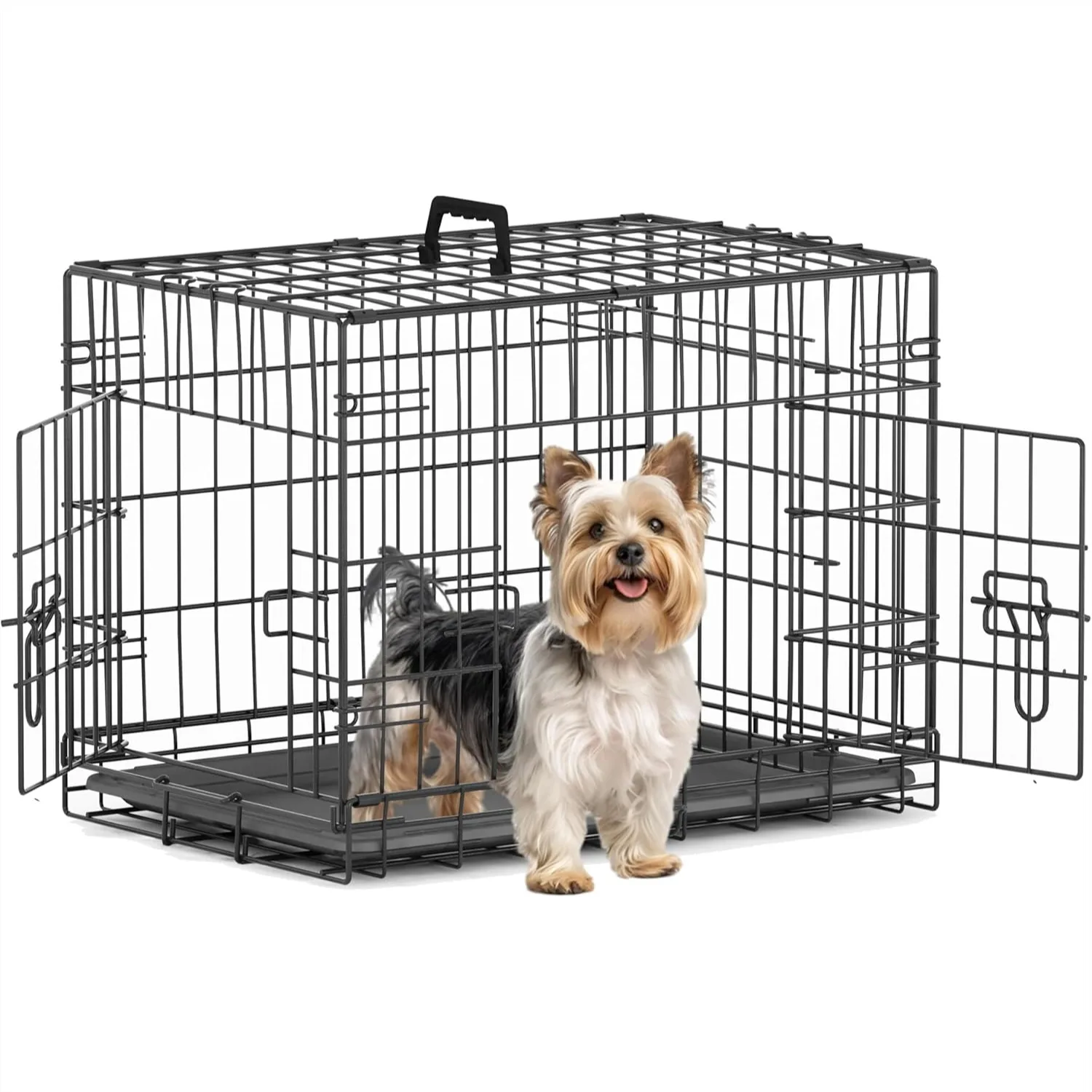 

Small Dog Crate 24 Inch Double Door with Divider and Leak-Proof Tray, Folding Metal Wire Kennel for Indoor Use, Antique Color