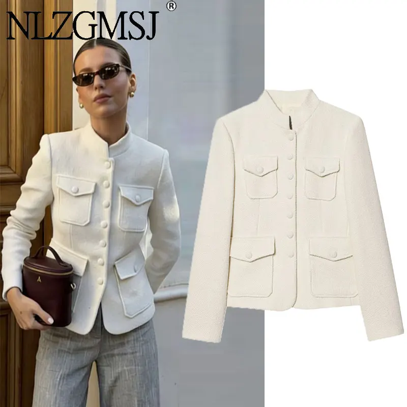 Nlzgmsj 2026 Spring Women New Fashion Long Sleeves Button With Pocket  Decoration Blazer Women Elegant Hight Street Top