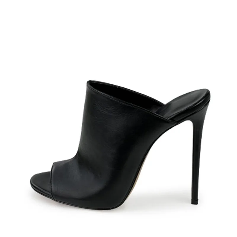 Black Matte Leather Peep Toe High Heel Mules Shoes Concise Hollow Cutouts Thin Heels Sandals Slip On Summer Dress Shoes