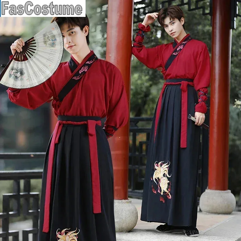 FasCostumePlus Size 5XL Hanfu chino antiguo hombres disfraz de Halloween Cosplay vestido de fiesta Hanfu traje negro y rojo para hombres