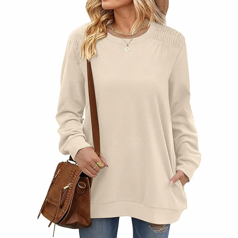 

Autumn and Winter Women's Pullover Round Neck Solid Color Pleated Folds Lantern Long Sleeve T-shirt Underlay Fashion Casual Tops