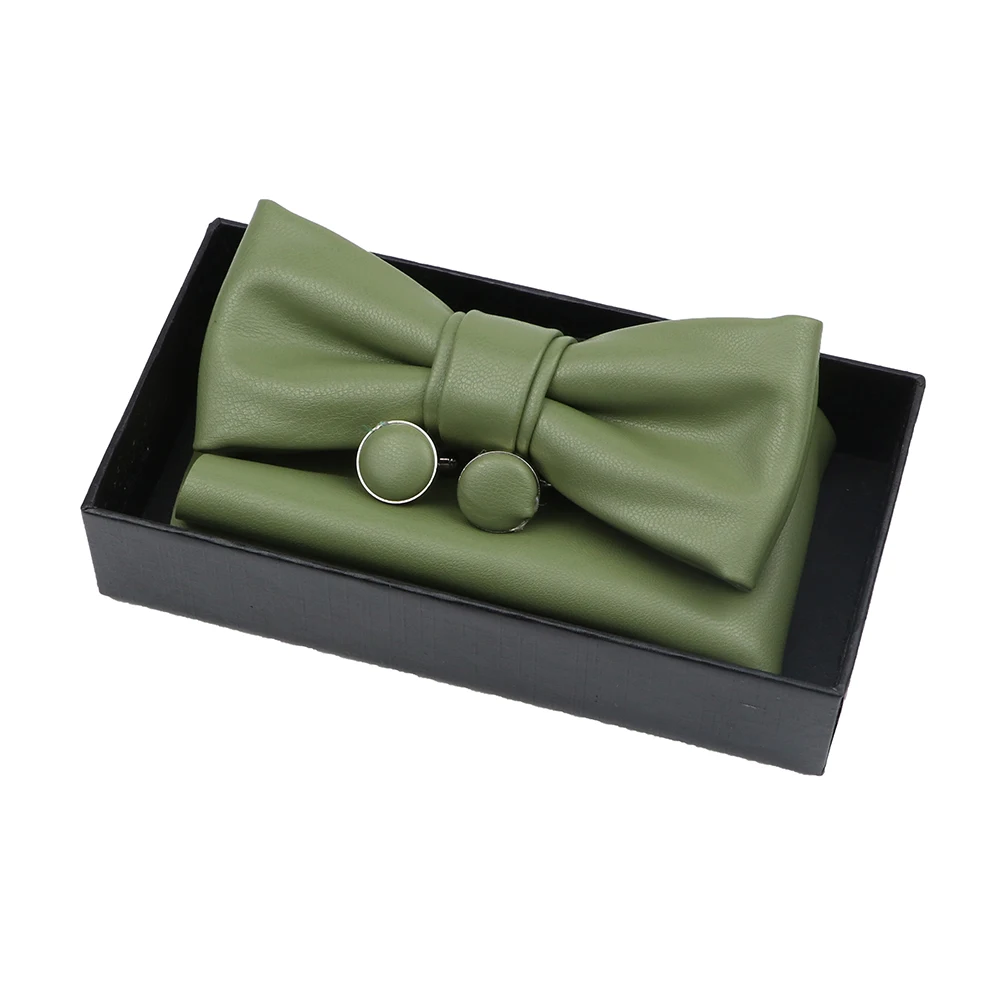 New PU Leather Bow Ties Cufflink Set Solid Color Bowtie Handmade Butterfly With Box Wedding Party Neck Wear Tie Novelty Gift