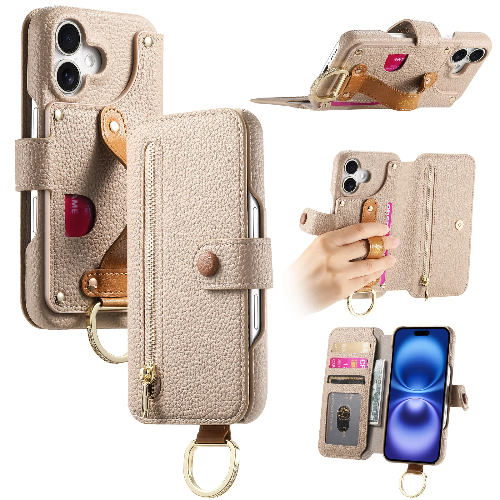 Handgelenkschlaufe Brieftasche Kartensteckplatz Halter Flip Leder Handyhülle für IPhone 17 Air 16E 16 15 14 13 12 Pro Max Plus Schutzhülle