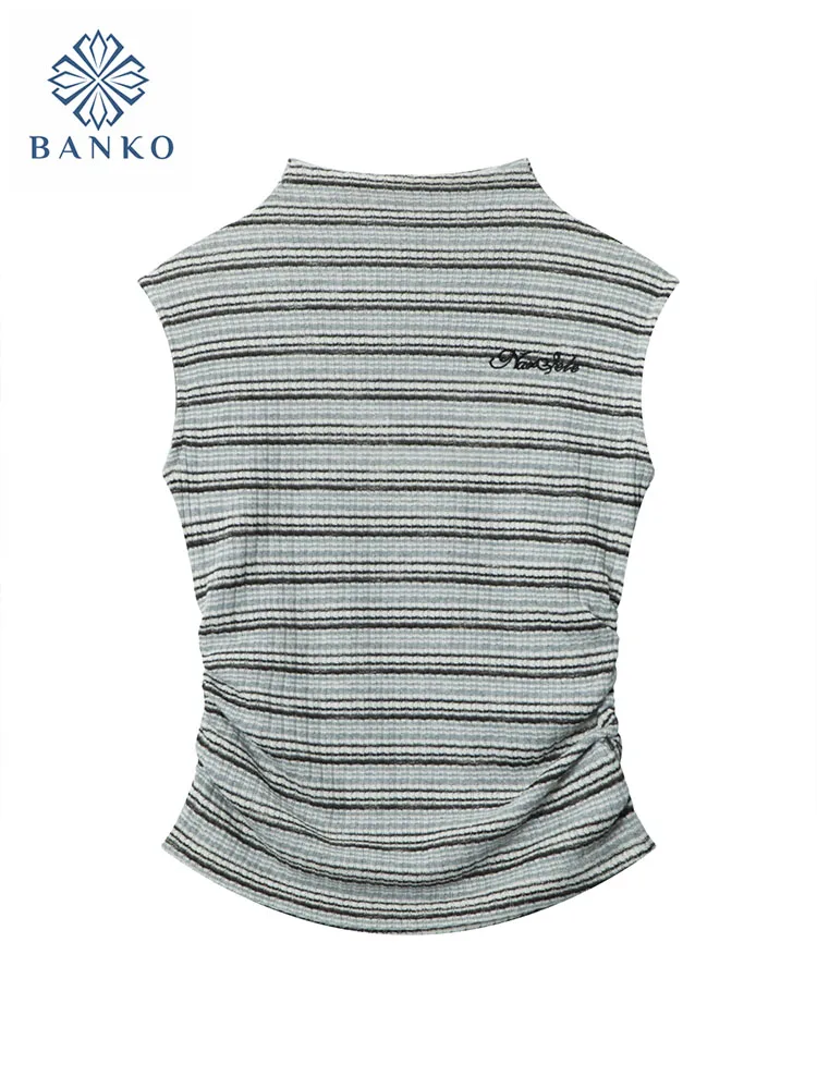 

Casual Tank Tops Shirring Sleeveless Women Letter Embroidery Camisole Streetwear Cozy Vest Off Shoulder Simple Striped Classical