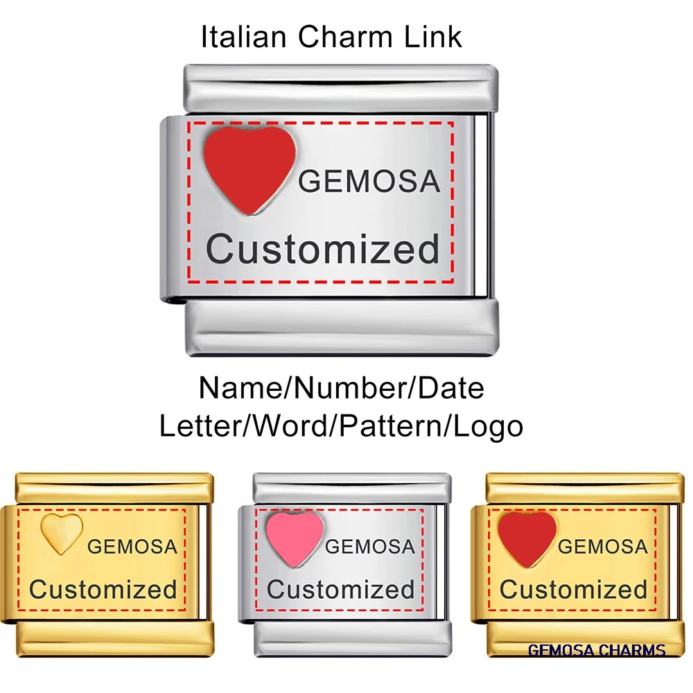 GEMOSA 1pc Red Pink Heart Personalization Laser Customized Italian Charm Link Fit 9mm Stainless Steel Bracelet DIY Making Beads