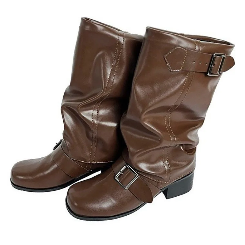 Botas de salto robusto de tubo médio para mulheres, sapatos femininos à venda, manga de alta qualidade, dedo do pé redondo, monocromático, moda, primavera, outono, 2024