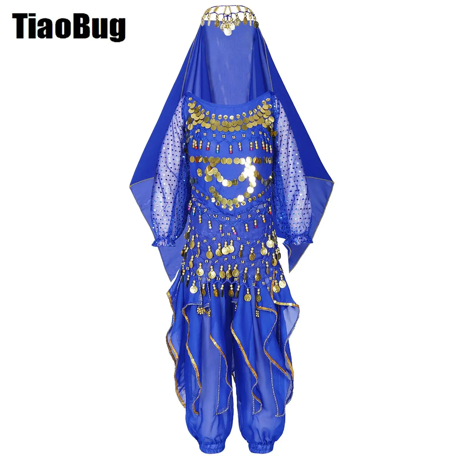 

Kids Girls Belly Dance Outfits Lace-Up Back 3/4 Sleeve Sequins Tassel Crop Top Ruffled Pants Hip Scarf Headscarf