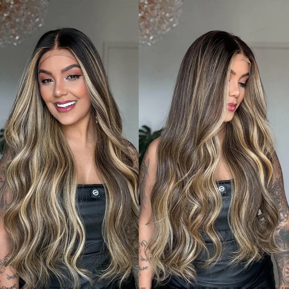 

Синтетический парик с эффектом омбре от темно-коричневого до светлых прядей, с кружевной передней частью, с имитацией натуральной линии роста волос и прядями из брюнетт-волокна, для женщин