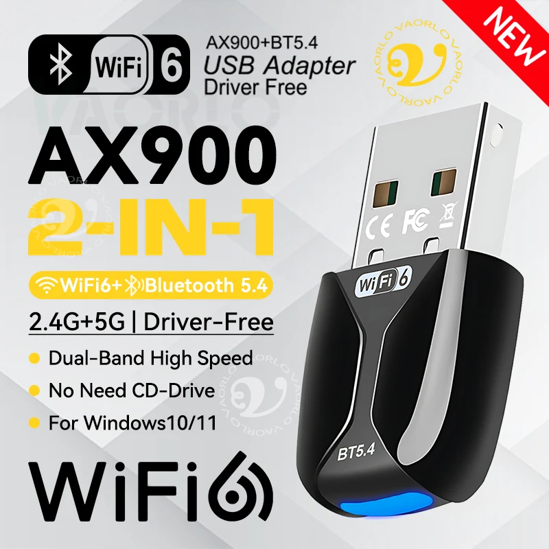 

VAORLO 900Mbps WiFi Network Card 2.4G/5Ghz Bluetooth 5.4 Wi-Fi Dongle AX900 Wireless Receiver For PC Laptop Win10/11 Driver Free