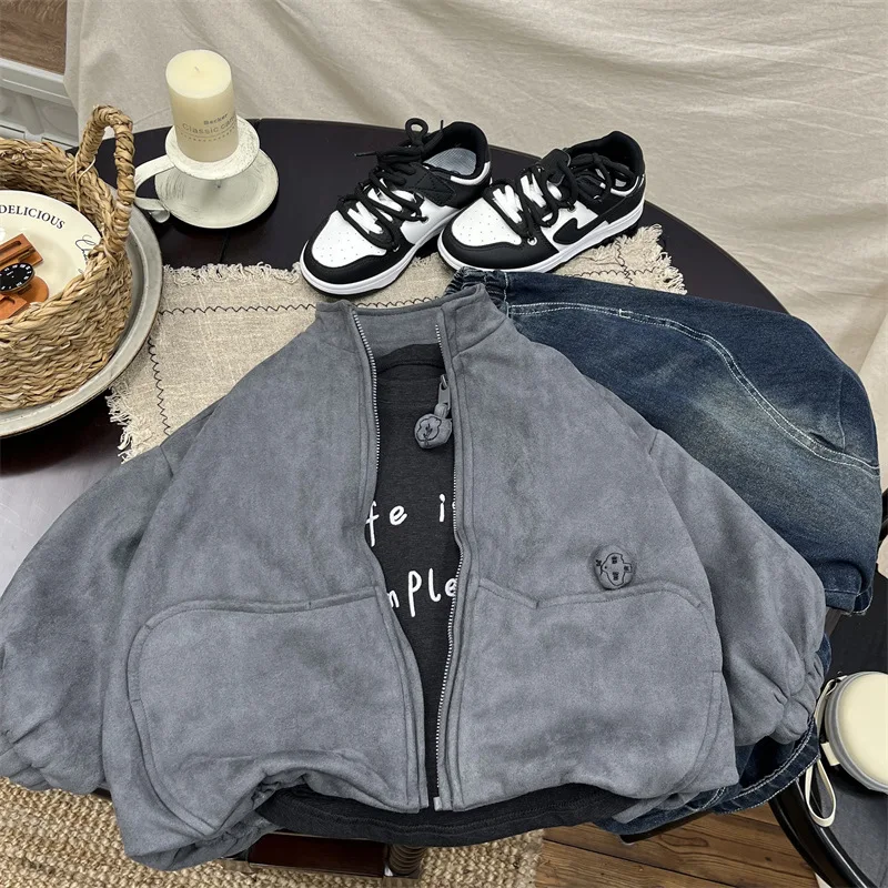 

2025 New Autumn Children's Handsome Temperament Gray Zipper Stand up Collar Jacket