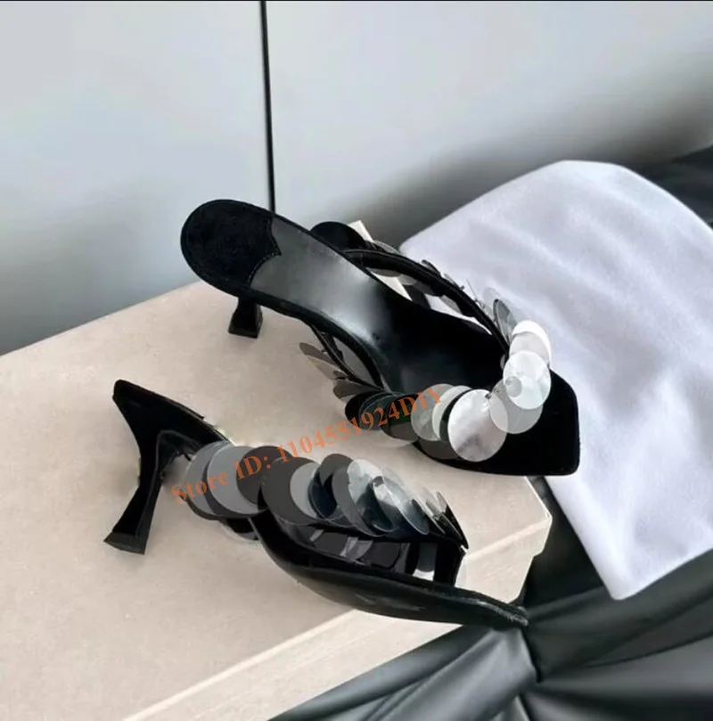 

Black Suede Leather Ladies Sandals with Paillettes 7Cm Heeled Women High Heel Summer Mule Shoes Designer Slippers