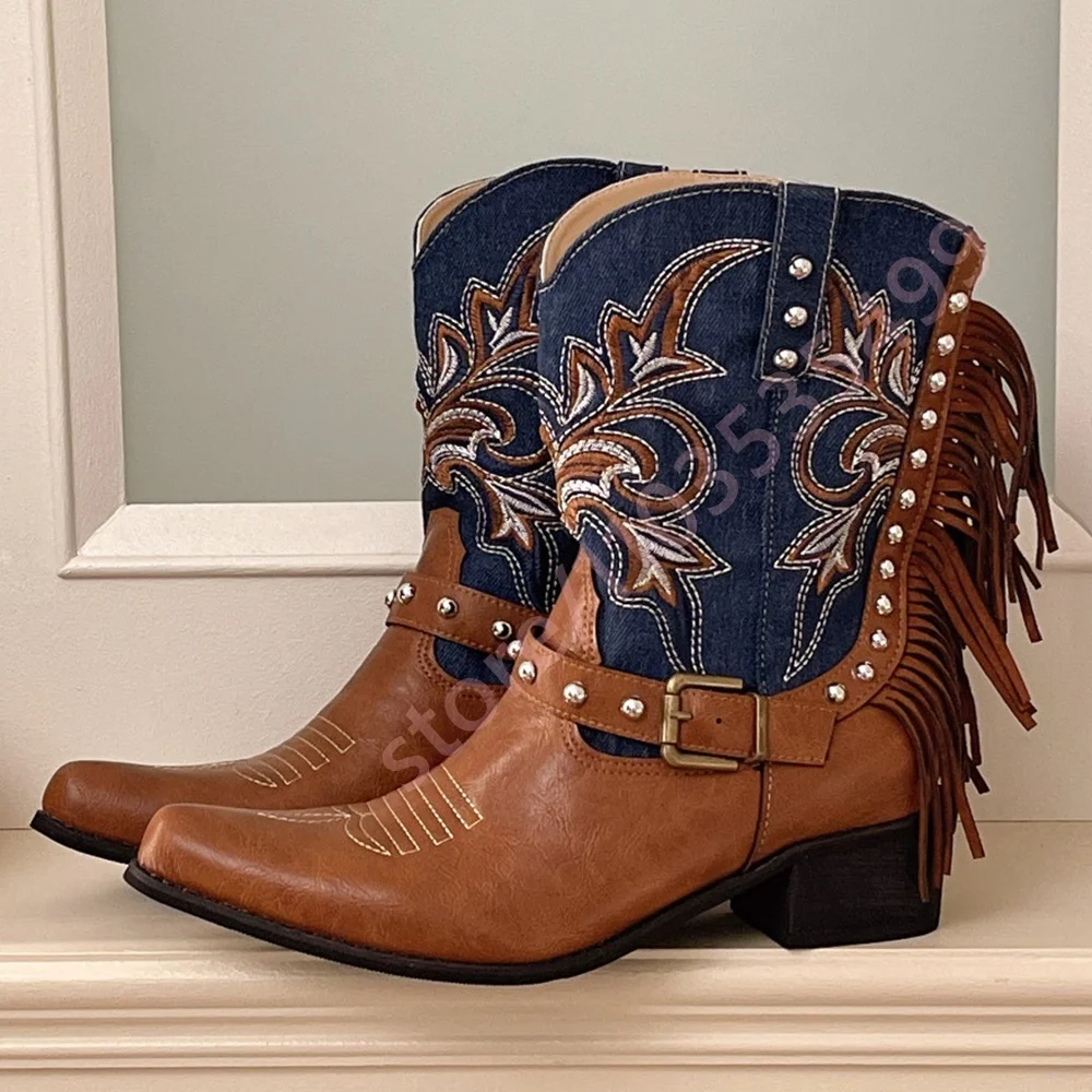 2026 Retro Brown Denim Patch Fringe Cowboy Boots Women Embroidery Rivet Buckle Mid Calf Block Heel Western Country Boots