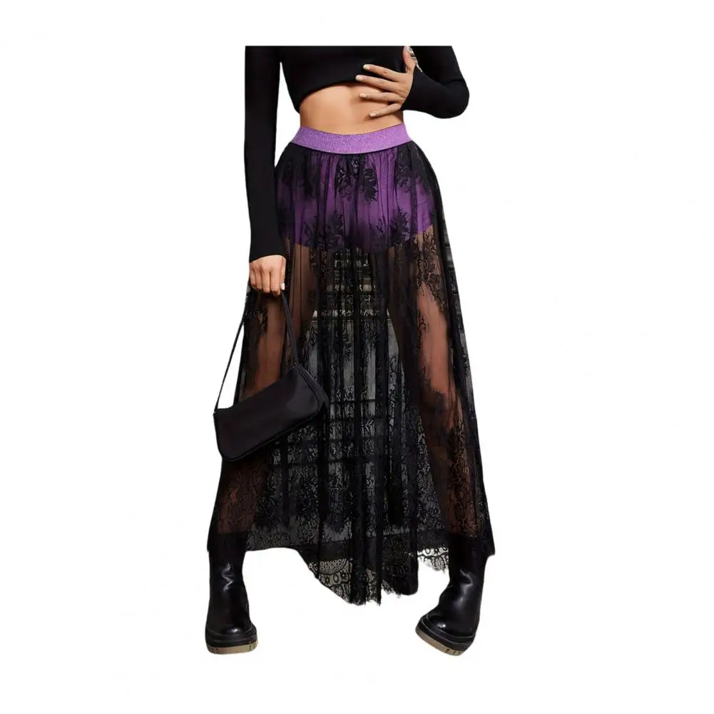 Comfortable Gauze Skirt Elegant Mesh Overlay Maxi Skirt with Embroidery Flower Lace High Waist A-line Style for Women Dark Plaid