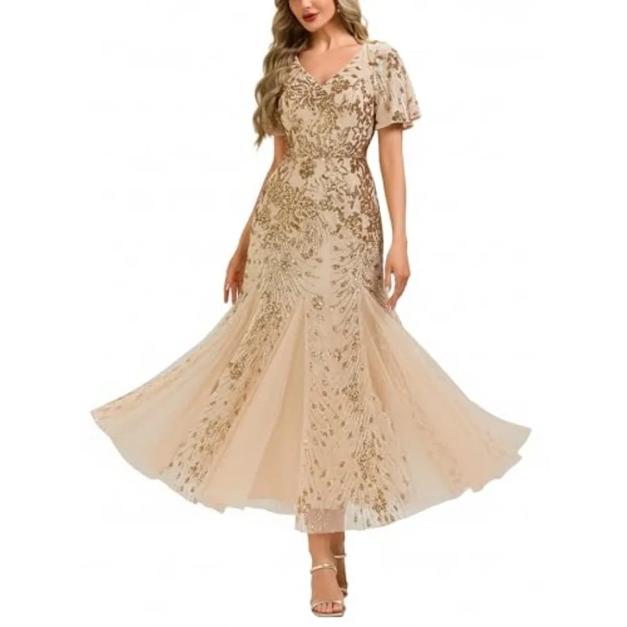 Ever-Pretty Women's Elegant Sequin Formal Evening Dress Mermaid V-Neck Short Sleeves Mother of Bride Dresses 0257