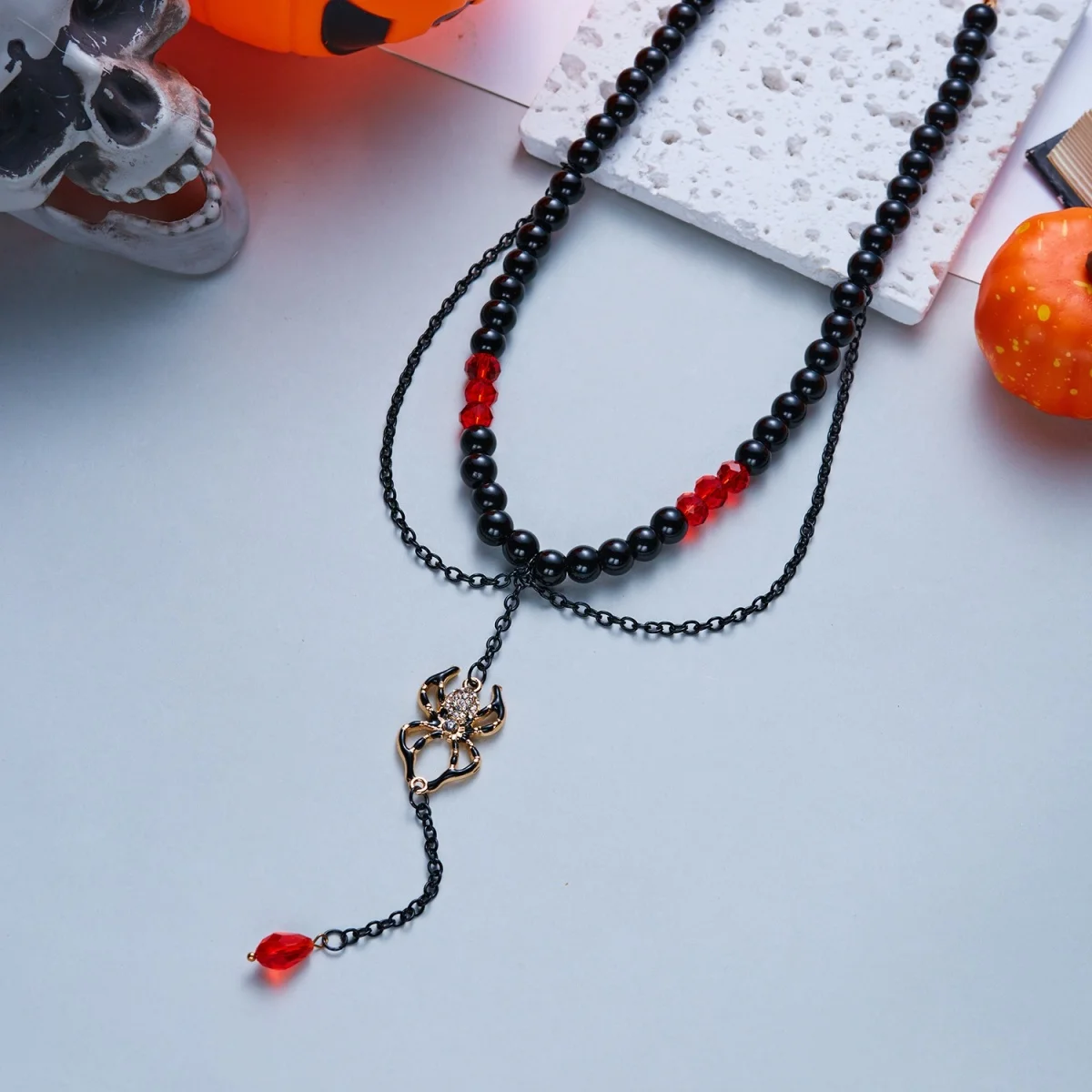 Gotische Cosplay-Halskette mit einzigartigen roten Kristallperlen und Quasten für Damen, Halloween-Fledermaus-Totenkopf-Kürbis-Choker, Punk-Party-Schmuck – Detail 22