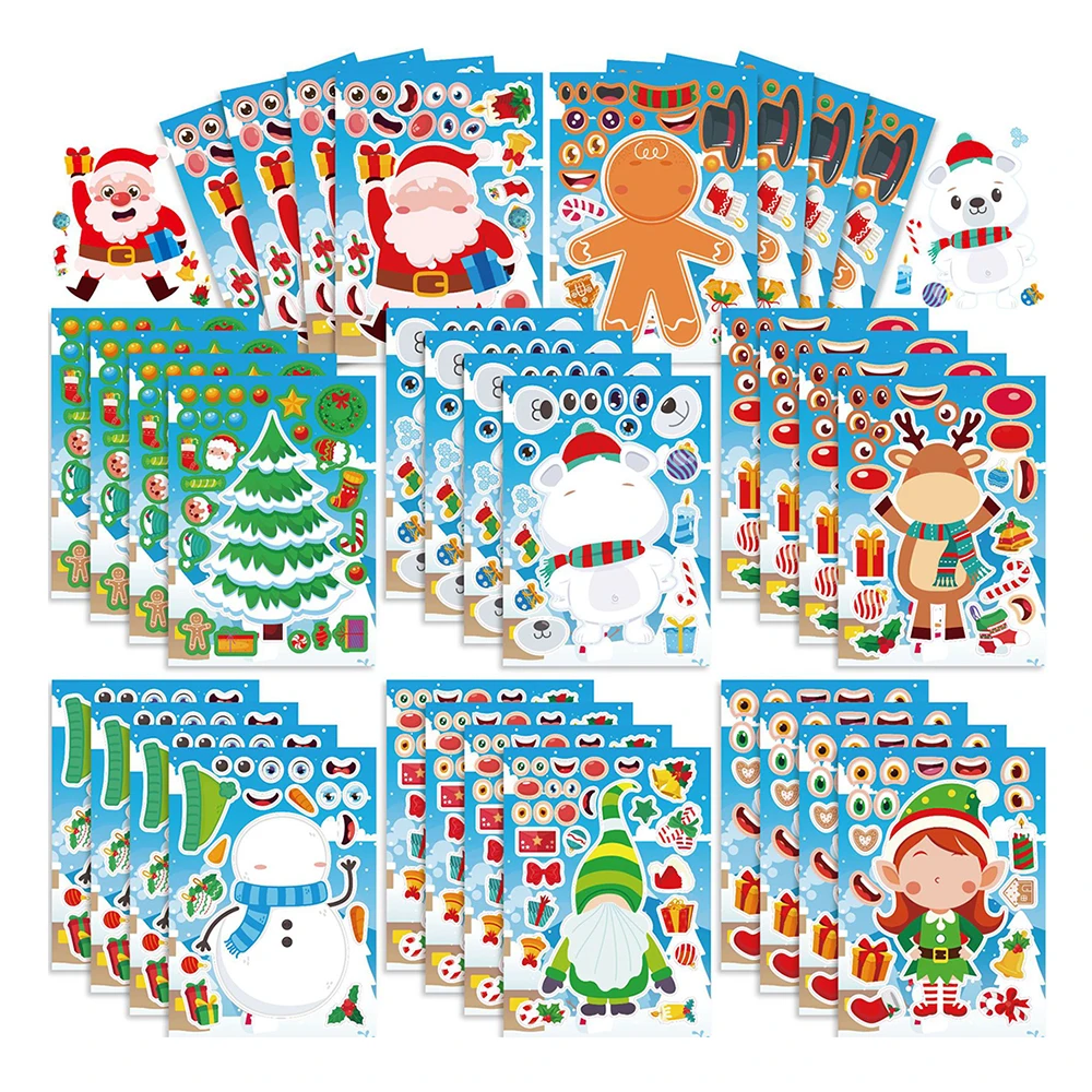 8/16Sheets Make a Face Christmas Puzzle Stickers Santa Claus Elk Funny Assemble Jigsaw Cute DIY Party Decoration Kids Gift Toys #1