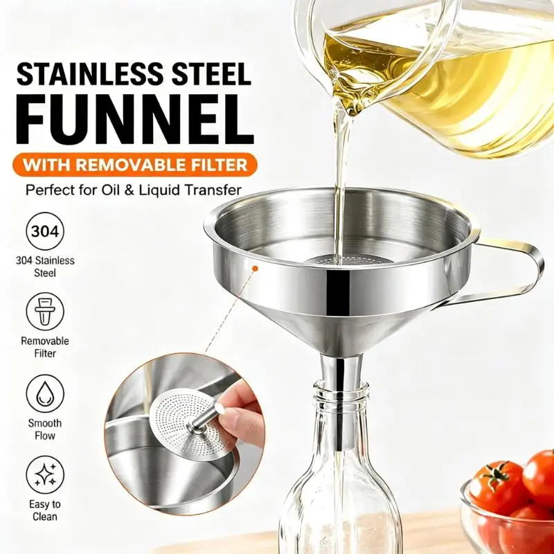 304 Food Grade Stainless Steel Funnel Set Wide Mouth Handle Kitchen Transfer Honey Jam Oil Tool
