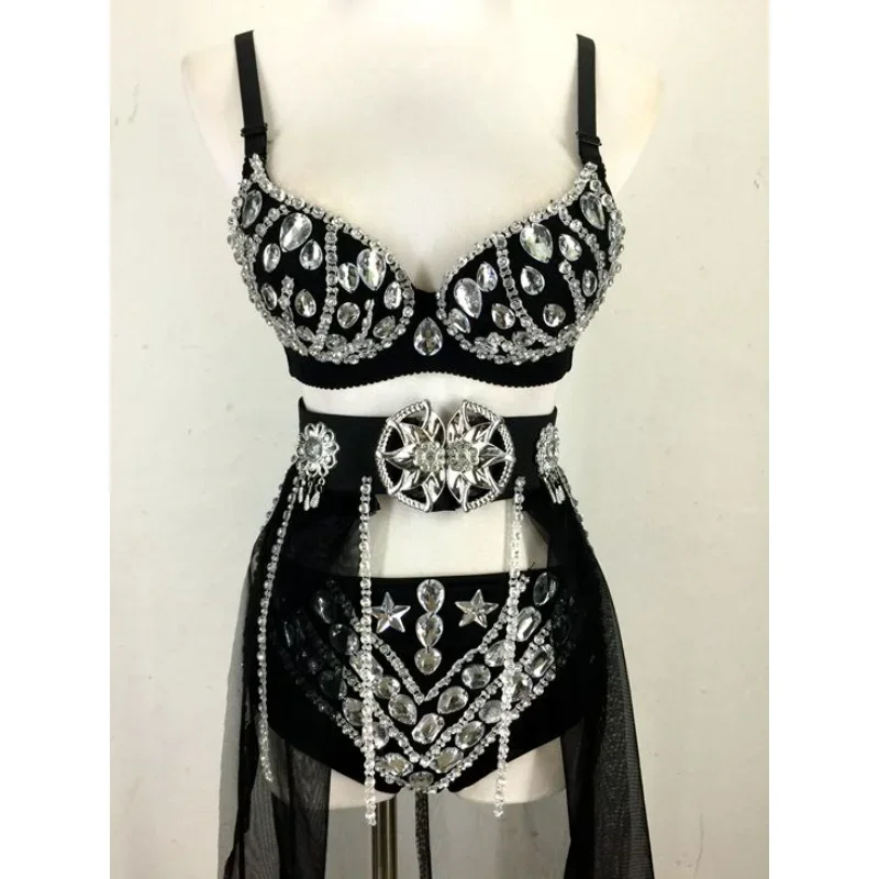 

New European and American sexy pure hand-sewn A diamond rhinestone 3-piece set nightclub DJ singer stage performance clothes