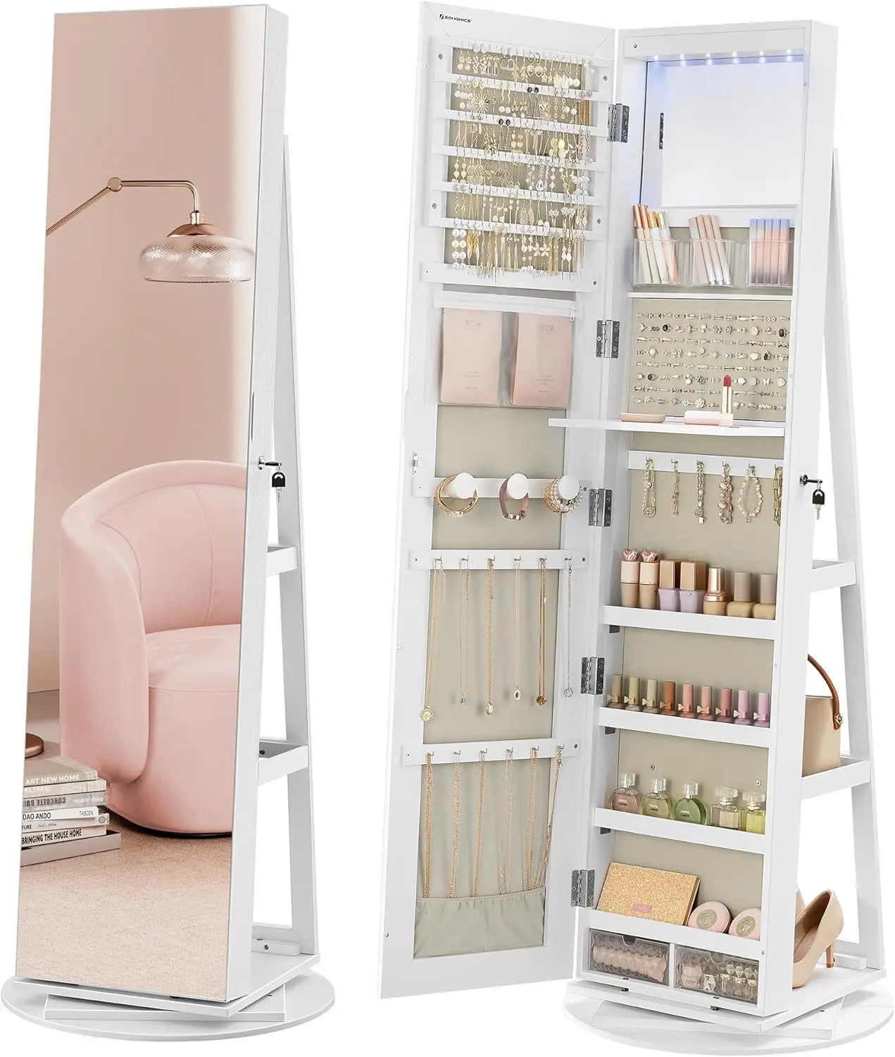 

Зеркальный шкаф для ювелирных изделий на 6 светодиодов, 360° ° ° Поворотный органайзер для ювелирных изделий, стояк, безрамное зеркало в полный рост, 3 хранения