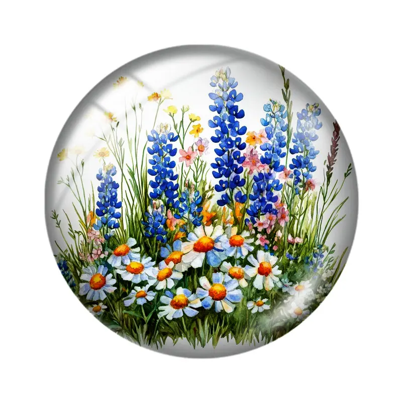 Blue Wildflowers and Daisies Flowerbed 10pcs 12mm/18mm/20mm/25mm Round photo glass cabochon demo flat back Making findings