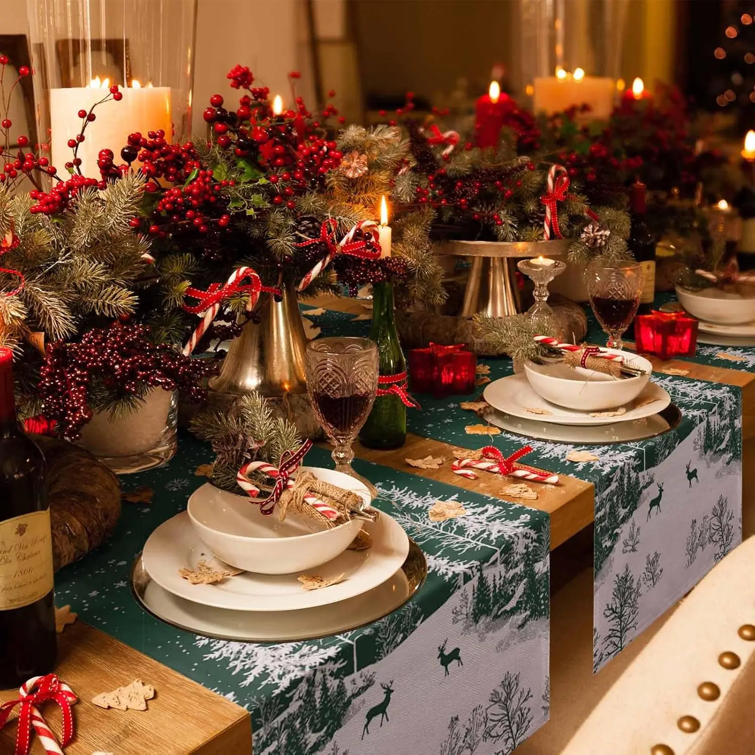 Christmas Forest Reindeer Snowflakes Linen Table Runner Party Decor Winter Xmas Kitchen Dining Table Runner Christmas Decoration