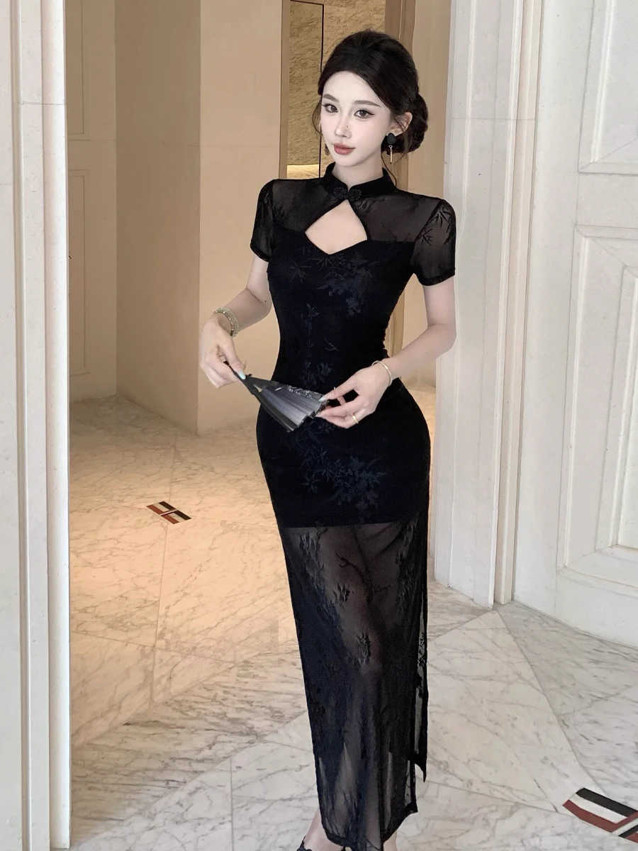 

Ele Sexy Hollow out Stand Collar Long Qipao Dr Bodycon Slit Chinese Sle Women's Faion Dr for Date And Par