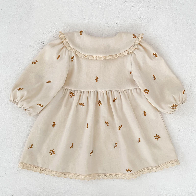 2026 Baby-Mädchen-Kleid mit langen Ärmeln, koreanischer Stil, Kragen, Spitze, Blumenstickerei, Baumwolle, Kleinkind-Prinzessinnenkleid, Herbst-Kinderkleidung – Detail 3