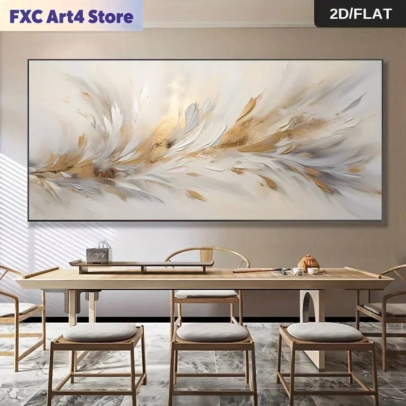Rahmenloses modernes abstraktes Feder-Leinwandgemälde – goldgraue und weiße zeitgenössische Wandkunst-Dekoration, rahmenloses Wohnzimmer, Schlafzimmer