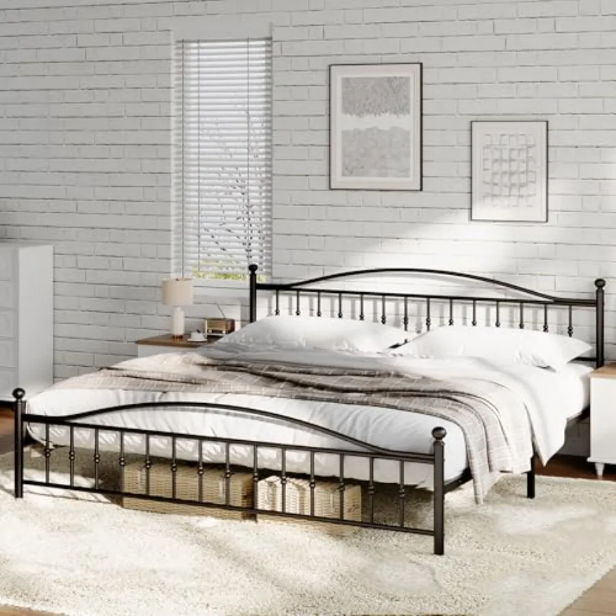 Victorian classic wrought iron platform bed frame for bedroom use, black metal, heavy-duty construction with headboard and foot