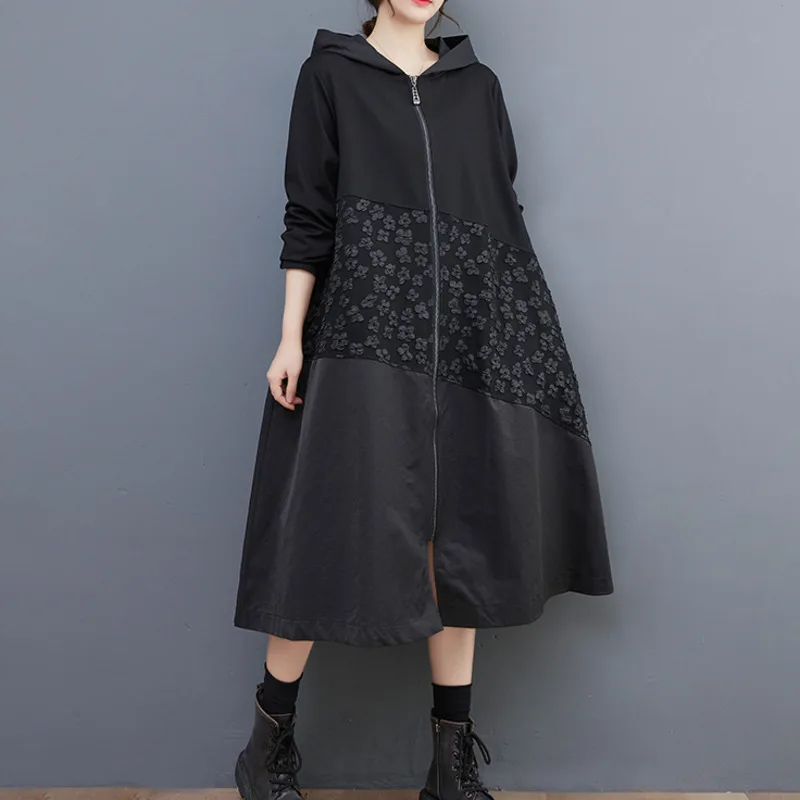 #6841 Black Hooded Trench Coat For Women Loose Split Joint A-line Overcoat Zipper Flower Windbreaker Coat Spring Autumn