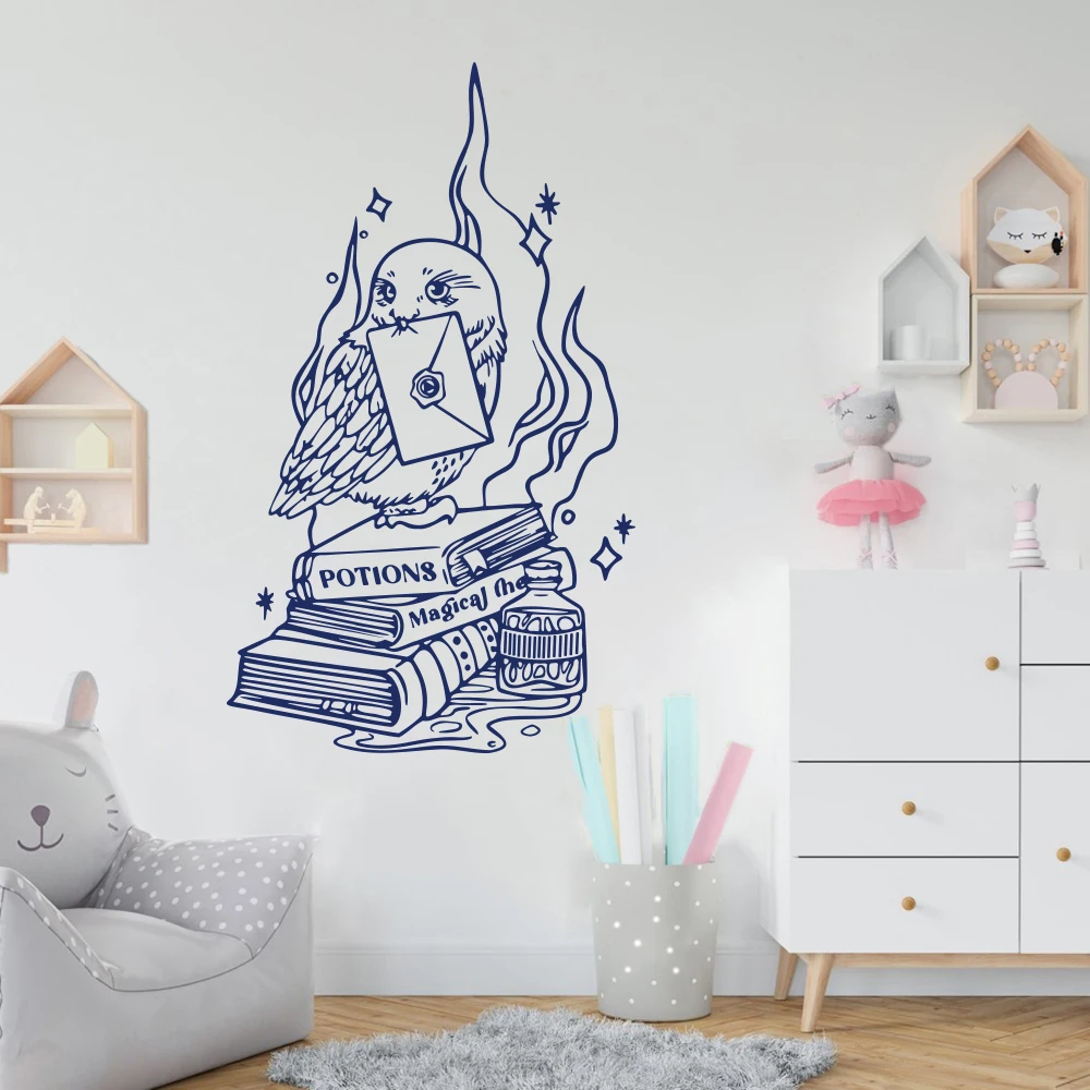 Magic Owl with Reading Book Wall Sticker Decal Cartoon Bird Anime Manga Movie Inspiral Kids Room Bedroom Playroom
