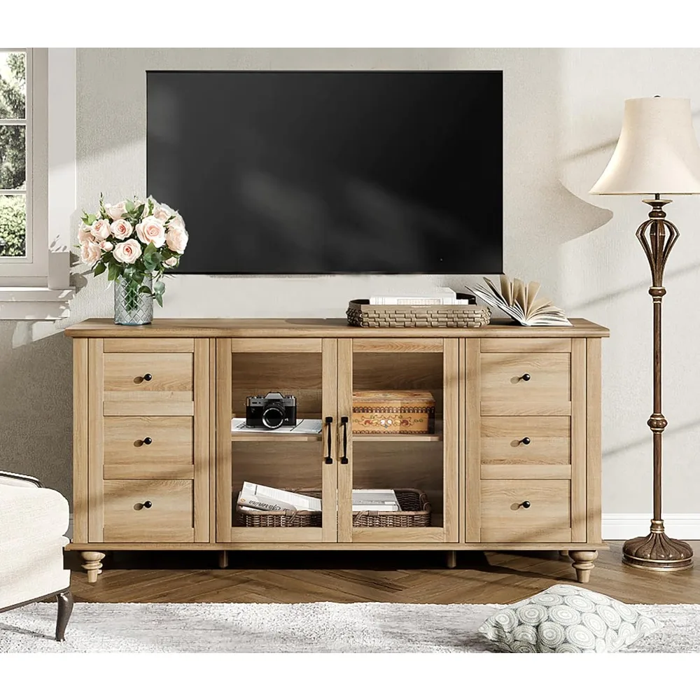

Glass Door Farmhouse TV Stand for TVs Up to 75 inch, Wood Universal TV Console Table with 4 Storage Cabinets, Entertainment Cen
