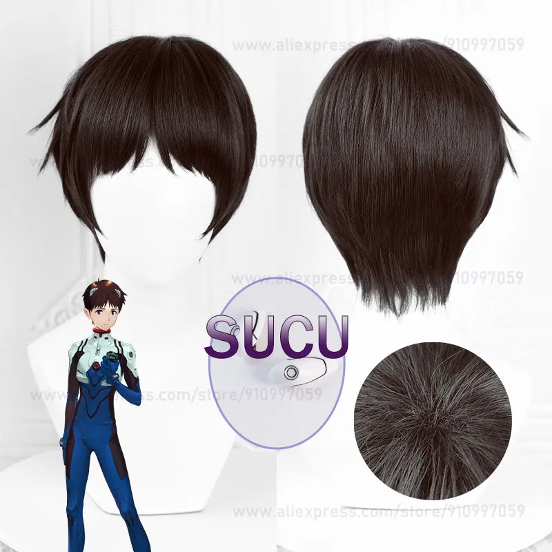 Ikari Shinji Cosplay Wig Anime Wigs 30cm Short Dark Brown Heat Resistant Synthetic Wigs Halloween Role Play Headwear